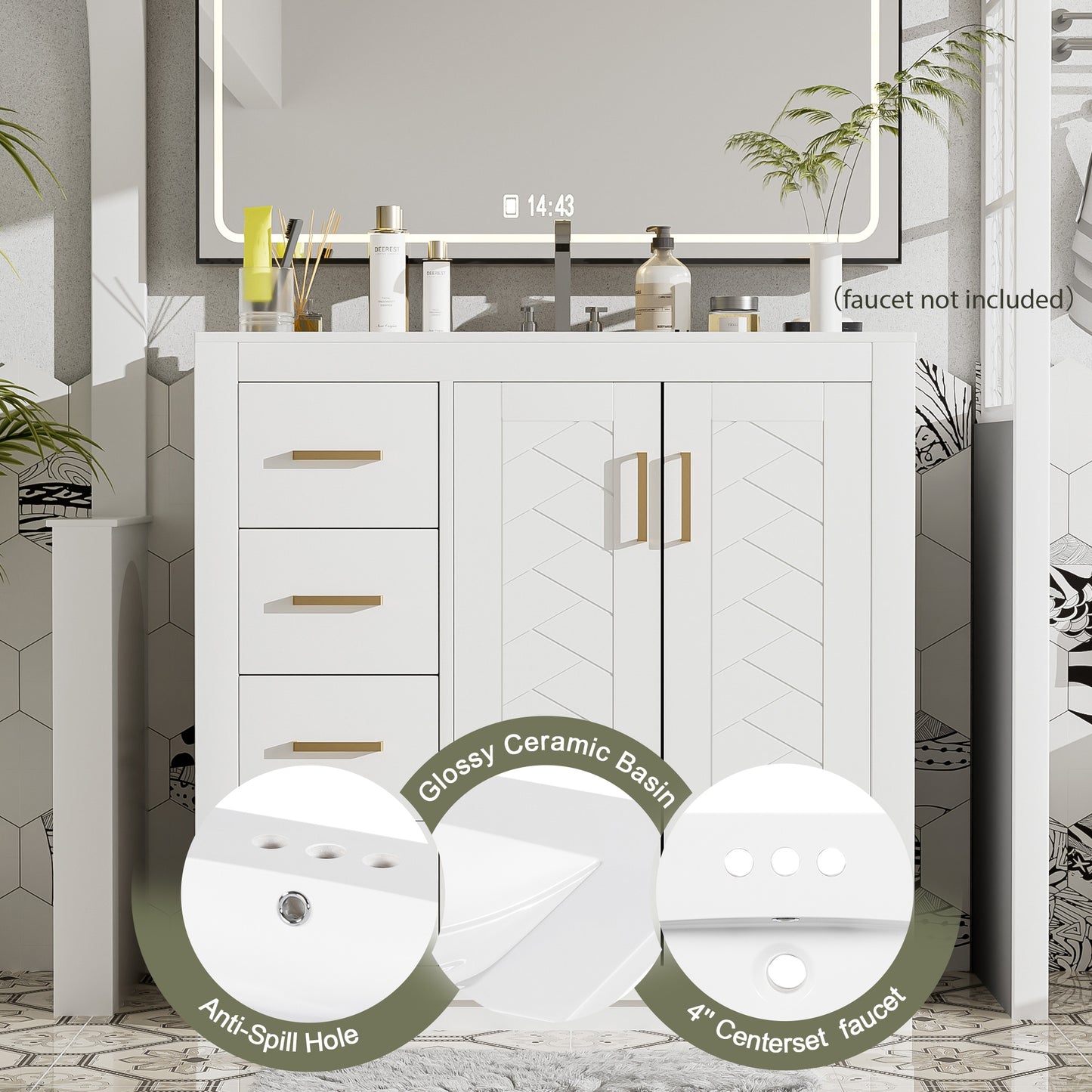 VanityFus 36-in White Bathroom Vanity Undermount Single Sink Combo with Ceramic Top 2 Soft Close Doors 3 Drawers