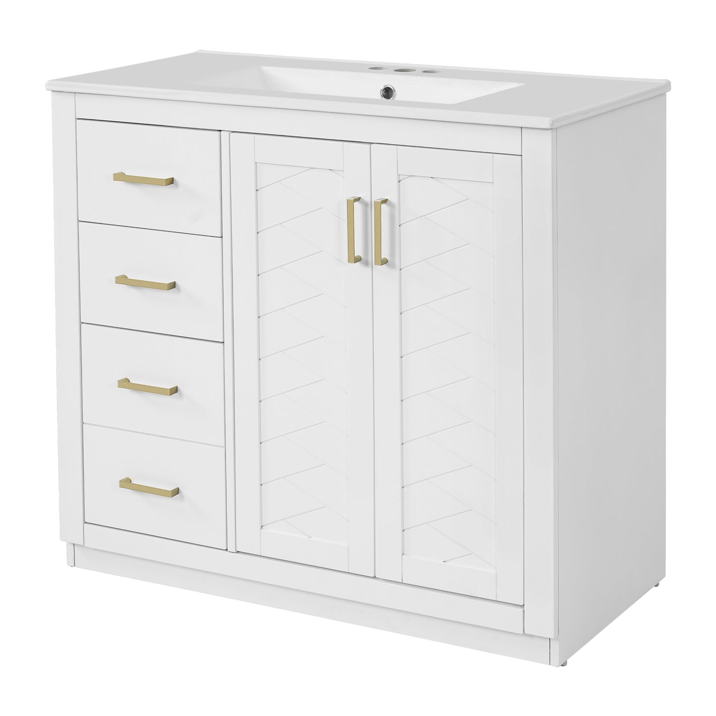 VanityFus 36-in White Bathroom Vanity Undermount Single Sink Combo with Ceramic Top 2 Soft Close Doors 3 Drawers