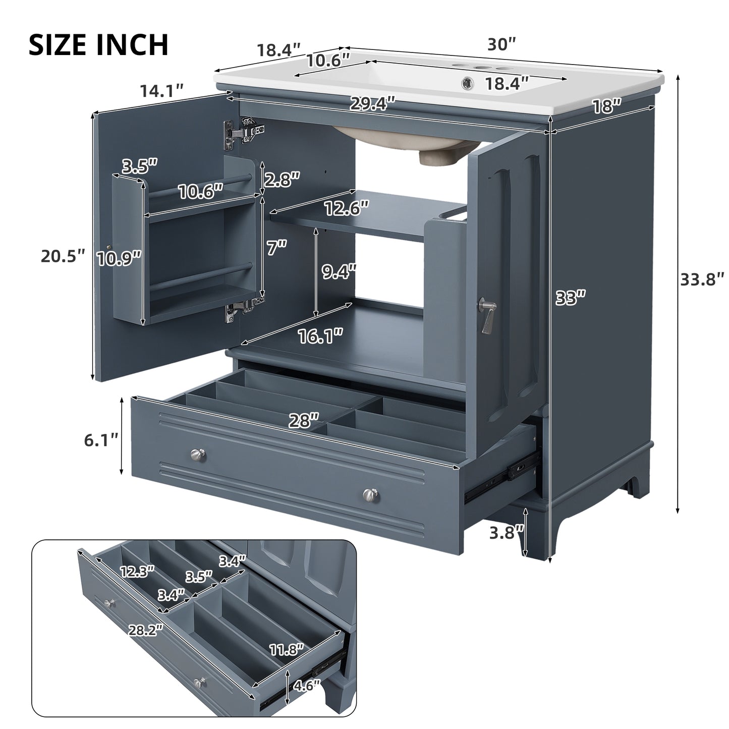 VanityFus 30-in Blue Single Sink Bathroom Vanity with Ceramic Top Undermount 2 Soft-Closing Doors 1 Drawer Adjustable Shelves