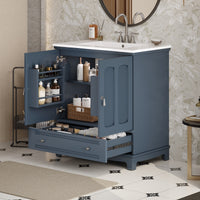 VanityFus 30-in Blue Single Sink Bathroom Vanity with Ceramic Top Undermount 2 Soft-Closing Doors 1 Drawer Adjustable Shelves