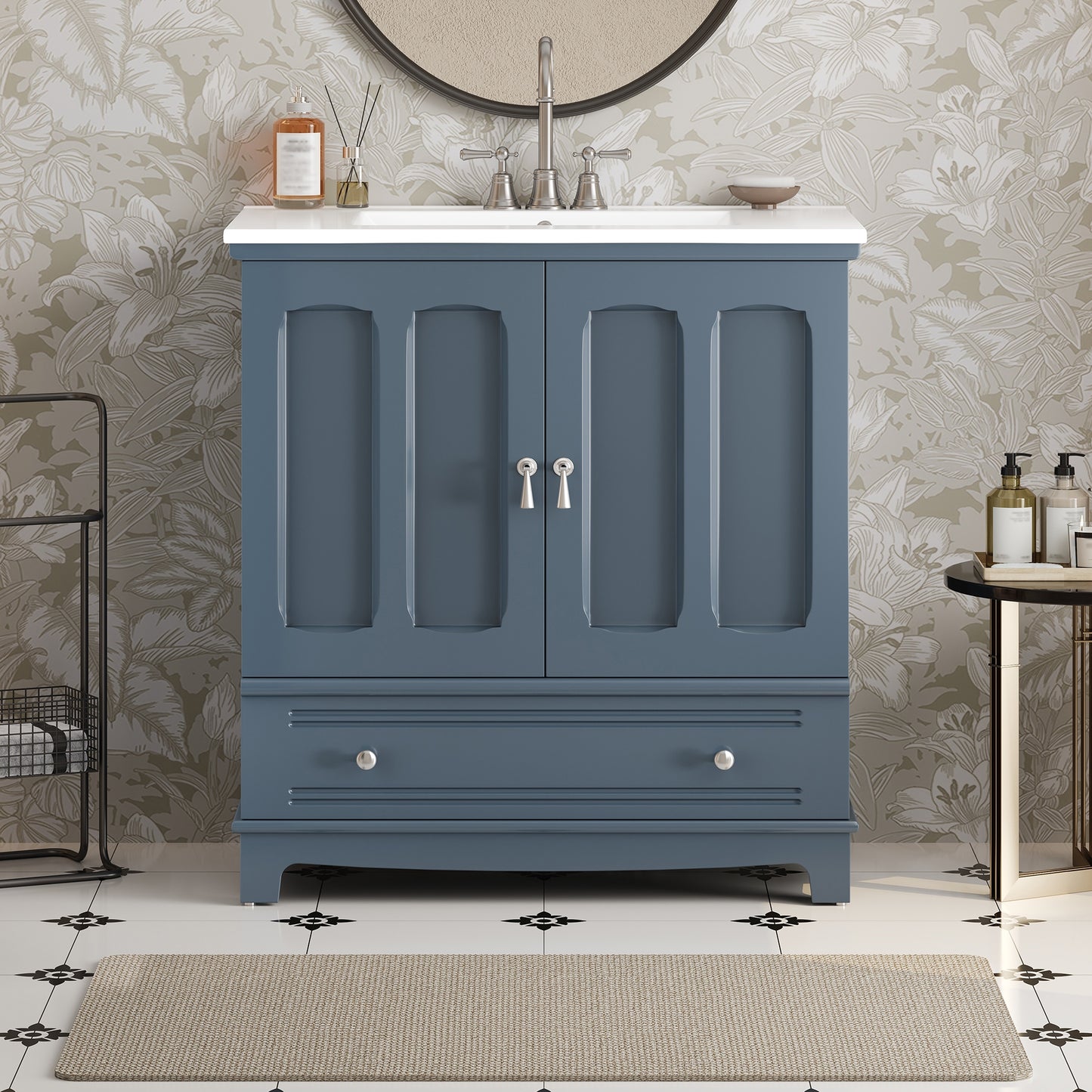 VanityFus 30-in Blue Single Sink Bathroom Vanity with Ceramic Top Undermount 2 Soft-Closing Doors 1 Drawer Adjustable Shelves