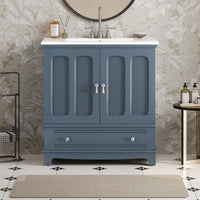 VanityFus 30-in Blue Single Sink Bathroom Vanity with Ceramic Top Undermount 2 Soft-Closing Doors 1 Drawer Adjustable Shelves