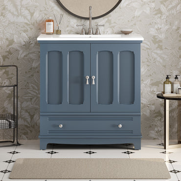 VanityFus 30-in Blue Single Sink Bathroom Vanity with Ceramic Top Undermount 2 Soft-Closing Doors 1 Drawer Adjustable Shelves
