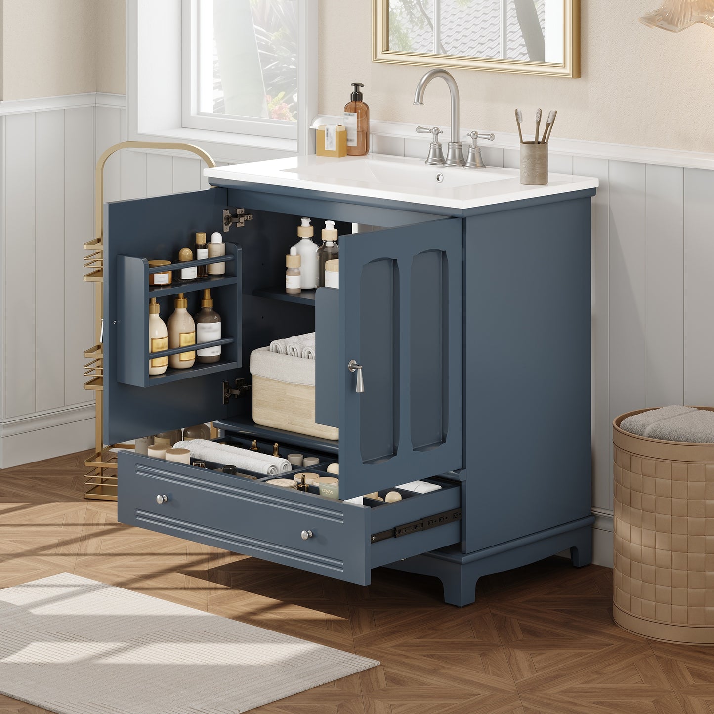 VanityFus 30-in Blue Single Sink Bathroom Vanity with Ceramic Top Undermount 2 Soft-Closing Doors 1 Drawer Adjustable Shelves