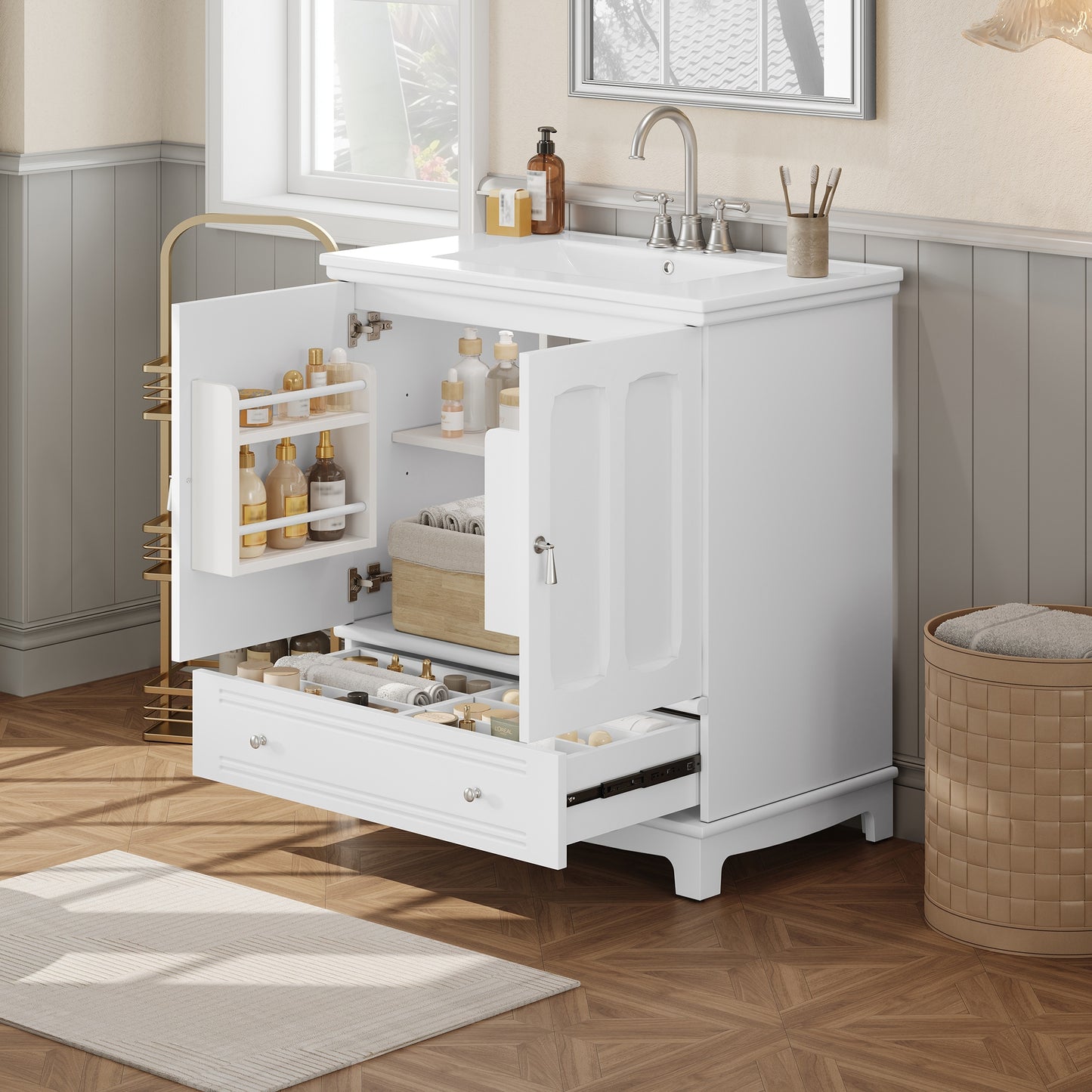 VanityFus 30-in White Single Sink Bathroom Vanity with Ceramic Top Undermount 2 Soft-Closing Doors 1 Drawer Adjustable Shelves