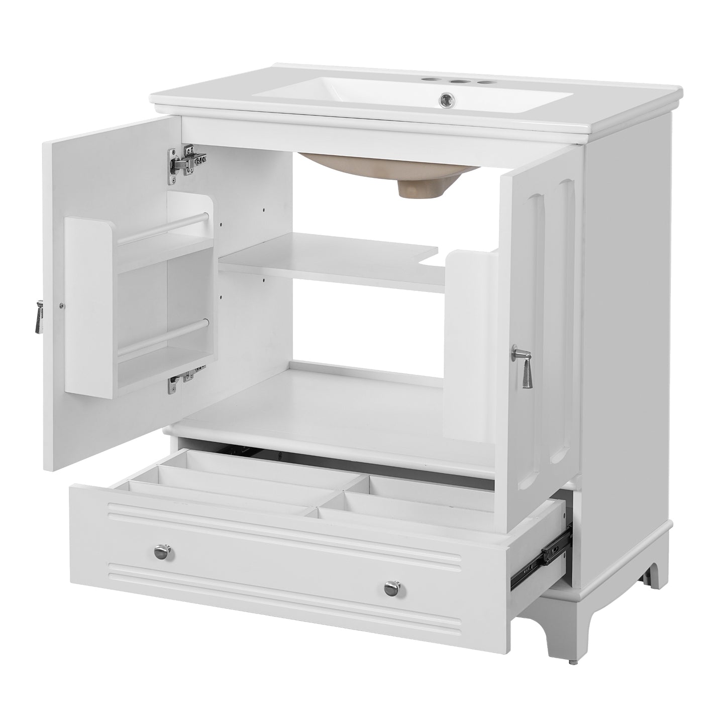 VanityFus 30-in White Single Sink Bathroom Vanity with Ceramic Top Undermount 2 Soft-Closing Doors 1 Drawer Adjustable Shelves