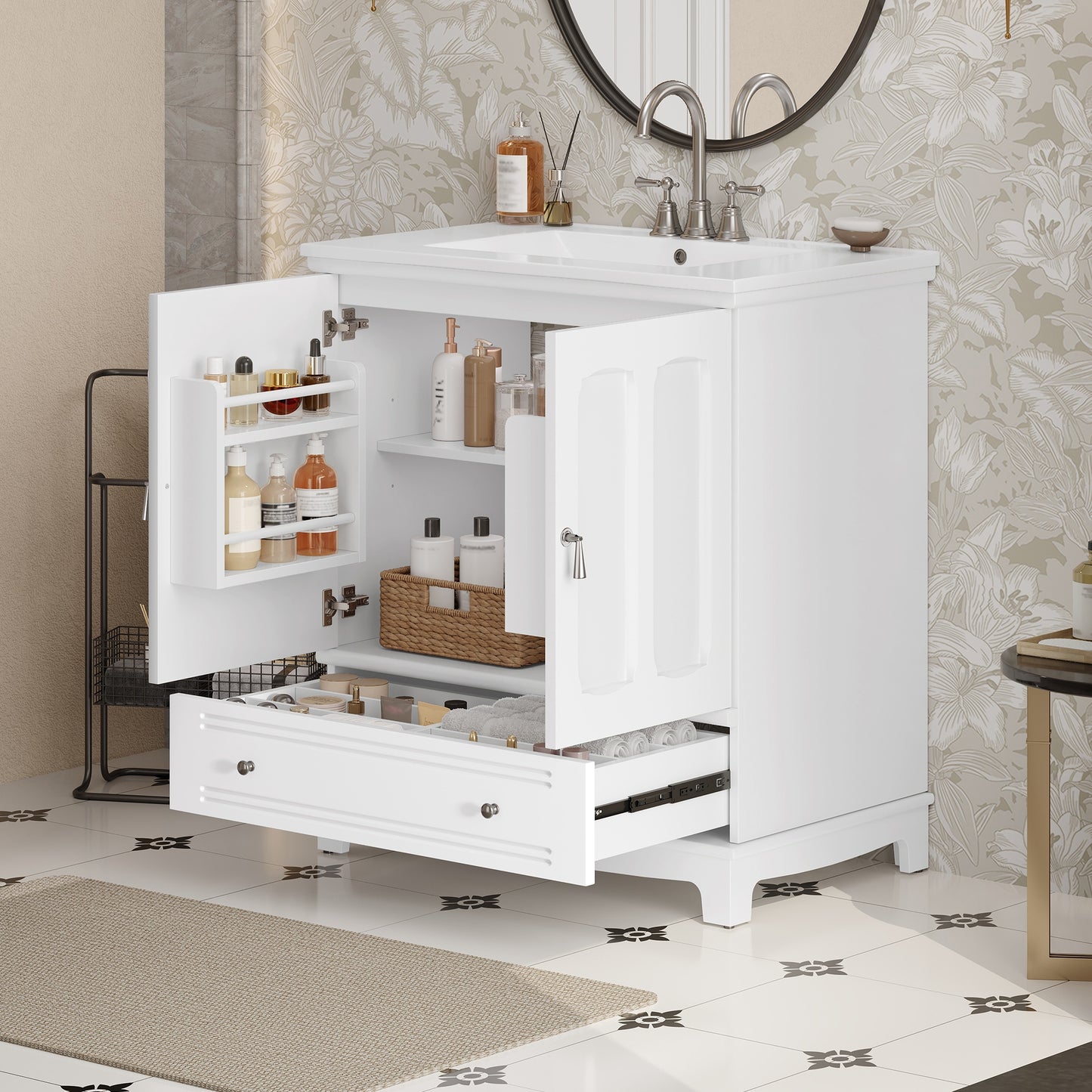 VanityFus 30-in White Single Sink Bathroom Vanity with Ceramic Top Undermount 2 Soft-Closing Doors 1 Drawer Adjustable Shelves