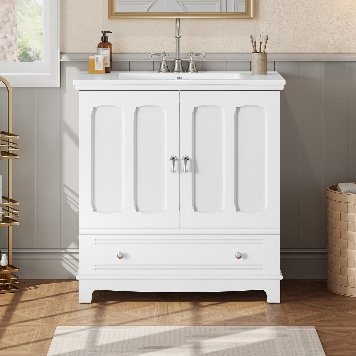 VanityFus 30-in White Single Sink Bathroom Vanity with Ceramic Top Undermount 2 Soft-Closing Doors 1 Drawer Adjustable Shelves