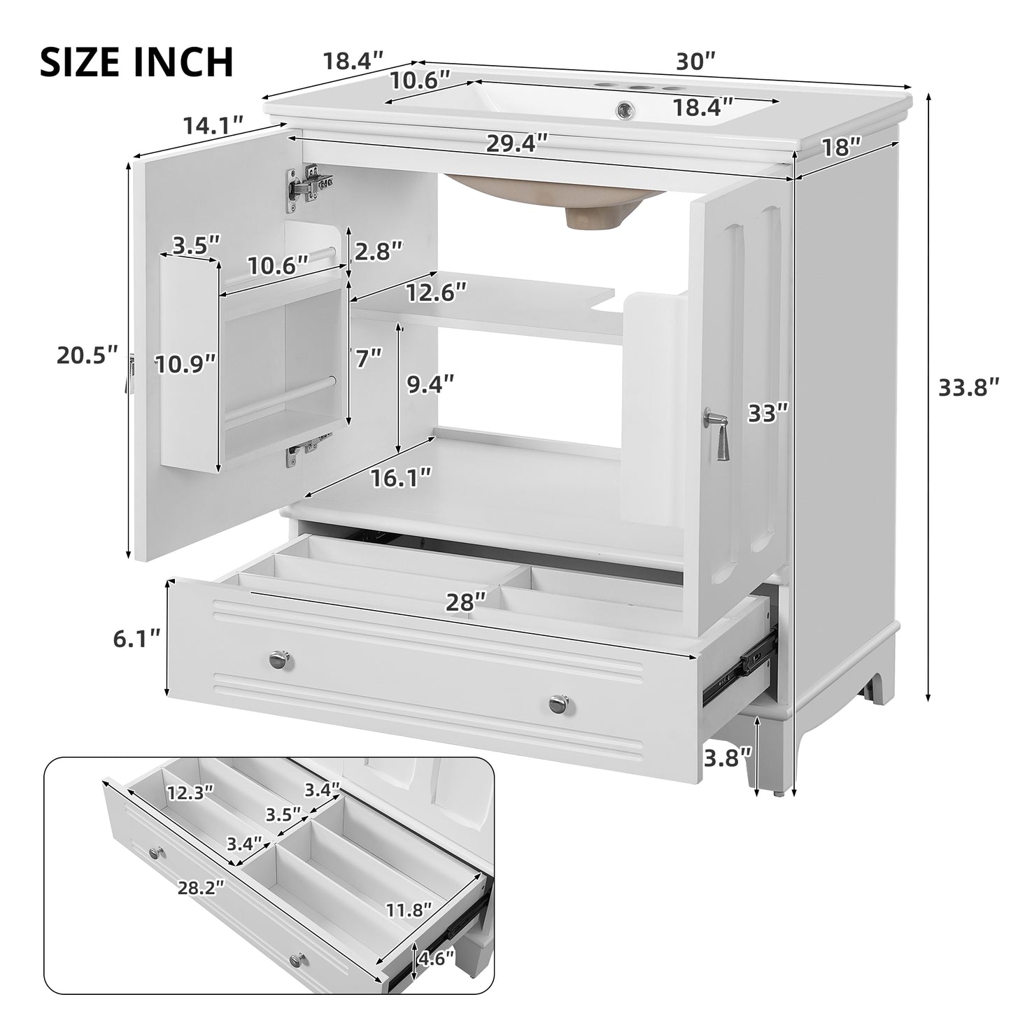 VanityFus 30-in White Single Sink Bathroom Vanity with Ceramic Top Undermount 2 Soft-Closing Doors 1 Drawer Adjustable Shelves