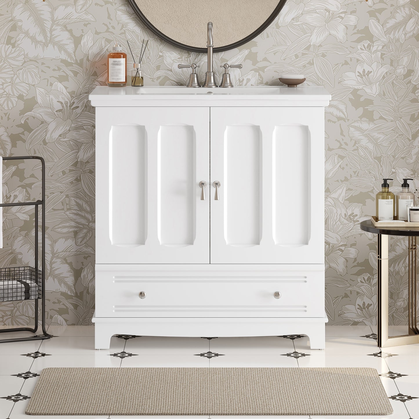 VanityFus 30-in White Single Sink Bathroom Vanity with Ceramic Top Undermount 2 Soft-Closing Doors 1 Drawer Adjustable Shelves