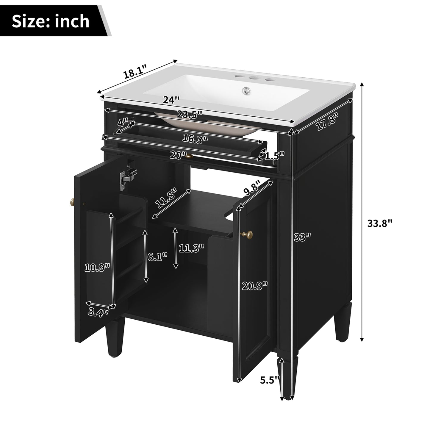 VanityFus 24-in Black Bathroom Vanity Undermount Single Sink Combo with 2 Soft Close with Ceramic Tops 1 Drawer Adjustable Shelves