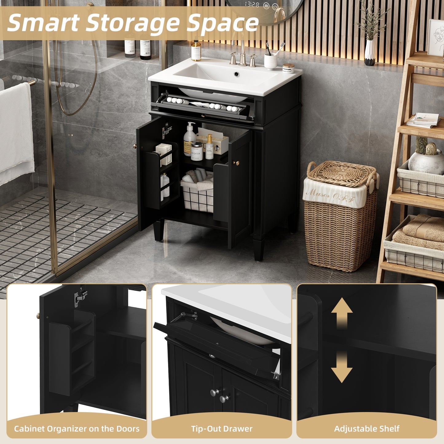 VanityFus 24-in Black Bathroom Vanity Undermount Single Sink Combo with 2 Soft Close with Ceramic Tops 1 Drawer Adjustable Shelves