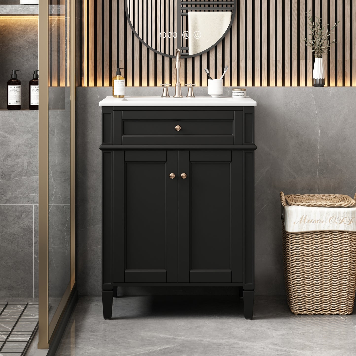 VanityFus 24-in Black Bathroom Vanity Undermount Single Sink Combo with 2 Soft Close with Ceramic Tops 1 Drawer Adjustable Shelves