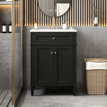 VanityFus 24-in Black Bathroom Vanity Undermount Single Sink Combo with 2 Soft Close with Ceramic Tops 1 Drawer Adjustable Shelves