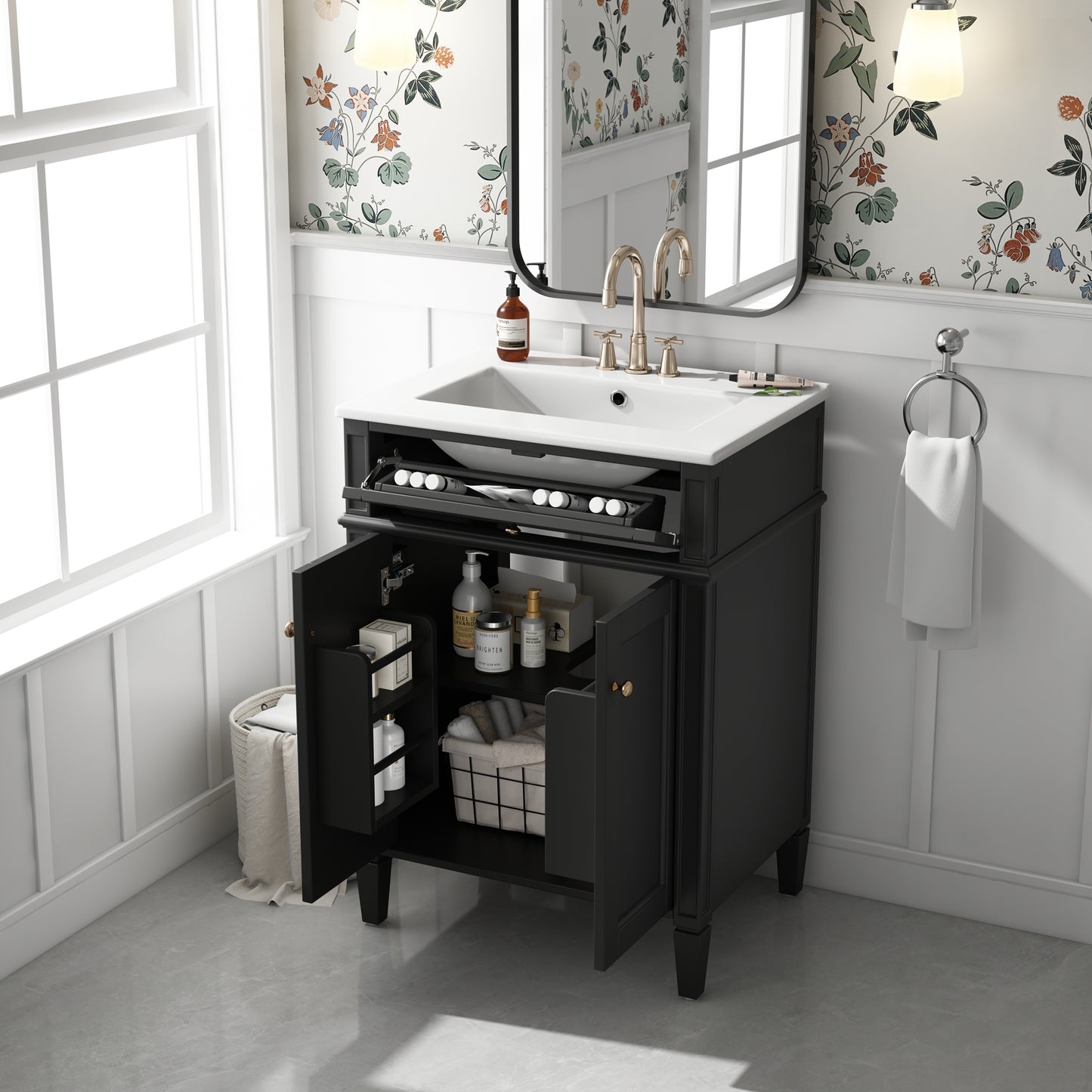 VanityFus 24-in Black Bathroom Vanity Undermount Single Sink Combo with 2 Soft Close with Ceramic Tops 1 Drawer Adjustable Shelves