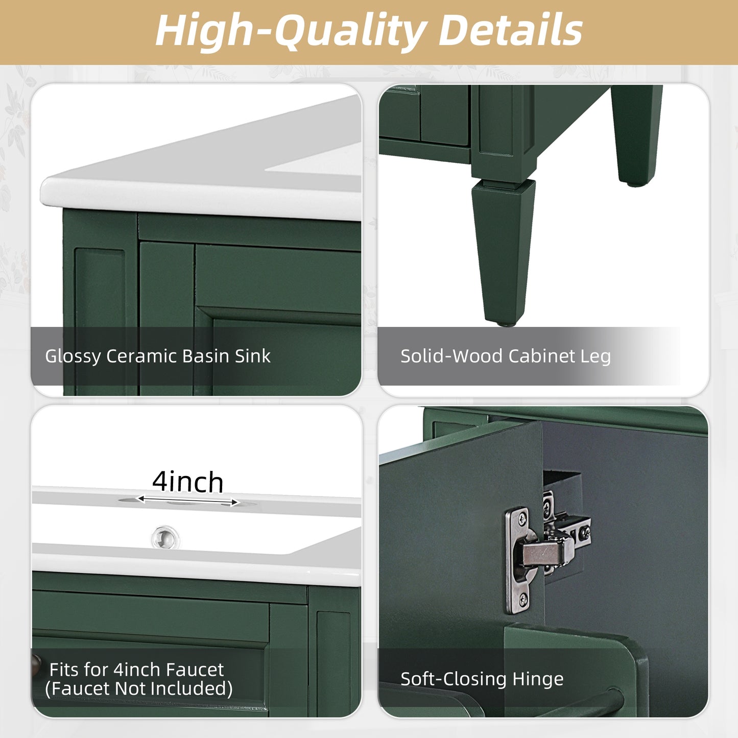 VanityFus 24-in Green Bathroom Vanity Undermount Single Sink Combo with 2 Soft Close with Ceramic Tops 1 Drawer Adjustable Shelves