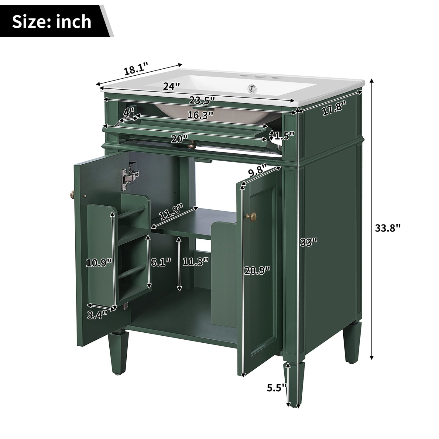 VanityFus 24-in Green Bathroom Vanity Undermount Single Sink Combo with 2 Soft Close with Ceramic Tops 1 Drawer Adjustable Shelves