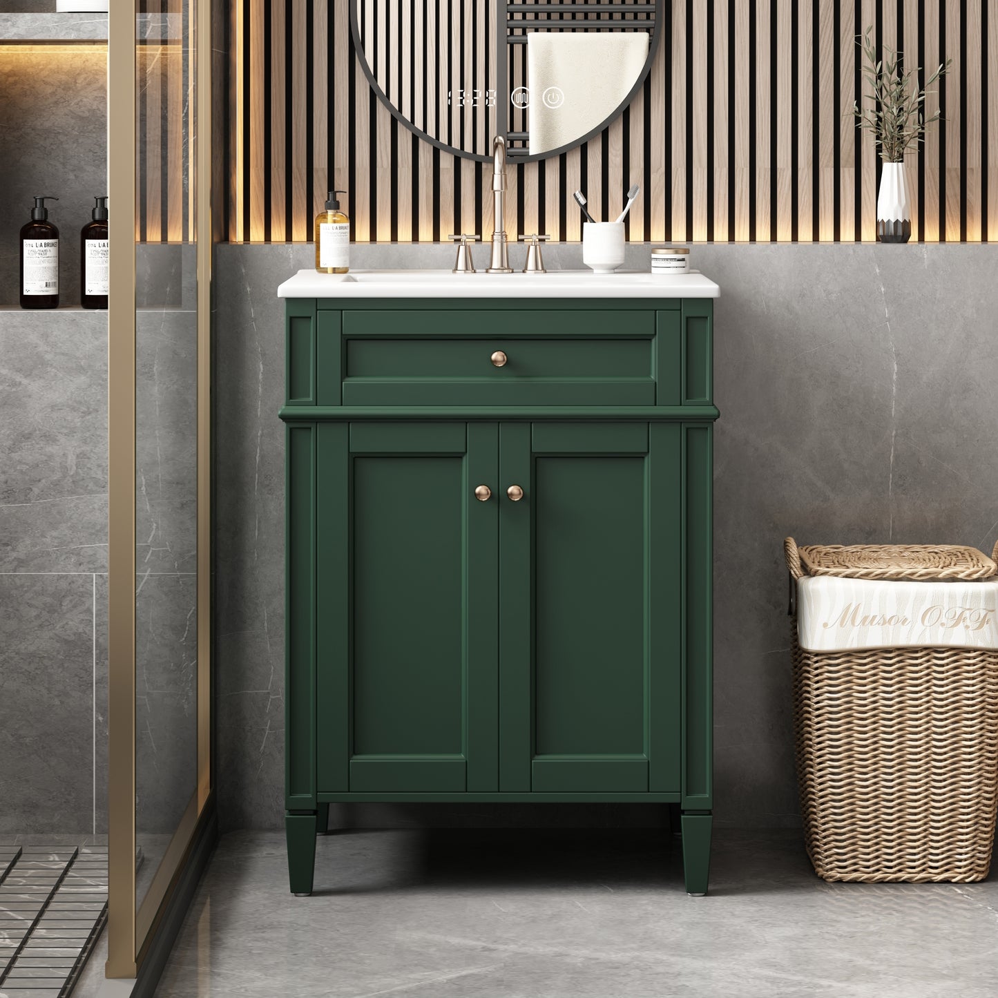 VanityFus 24-in Green Bathroom Vanity Undermount Single Sink Combo with 2 Soft Close with Ceramic Tops 1 Drawer Adjustable Shelves