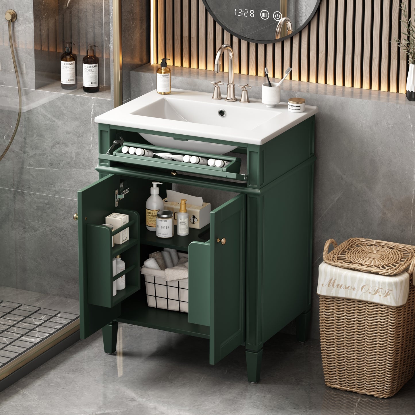 VanityFus 24-in Green Bathroom Vanity Undermount Single Sink Combo with 2 Soft Close with Ceramic Tops 1 Drawer Adjustable Shelves