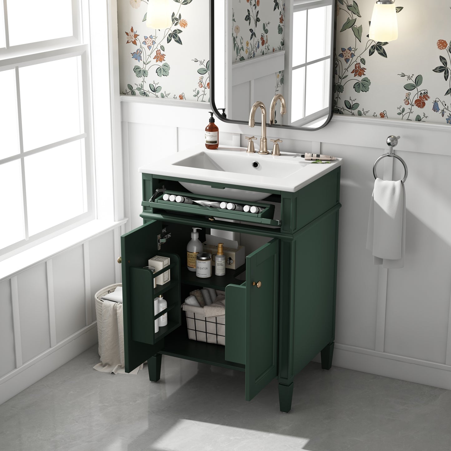 VanityFus 24-in Green Bathroom Vanity Undermount Single Sink Combo with 2 Soft Close with Ceramic Tops 1 Drawer Adjustable Shelves