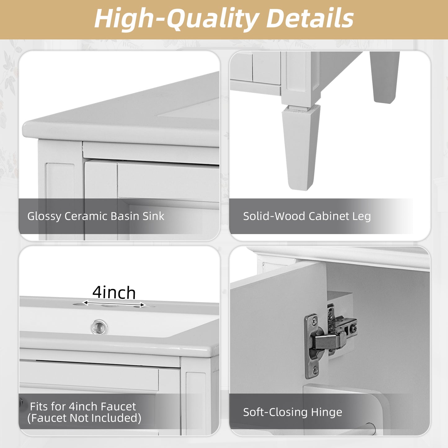 VanityFus 24-in White Bathroom Vanity Undermount Single Sink Combo with 2 Soft Close with Ceramic Tops 1 Drawer Adjustable Shelves