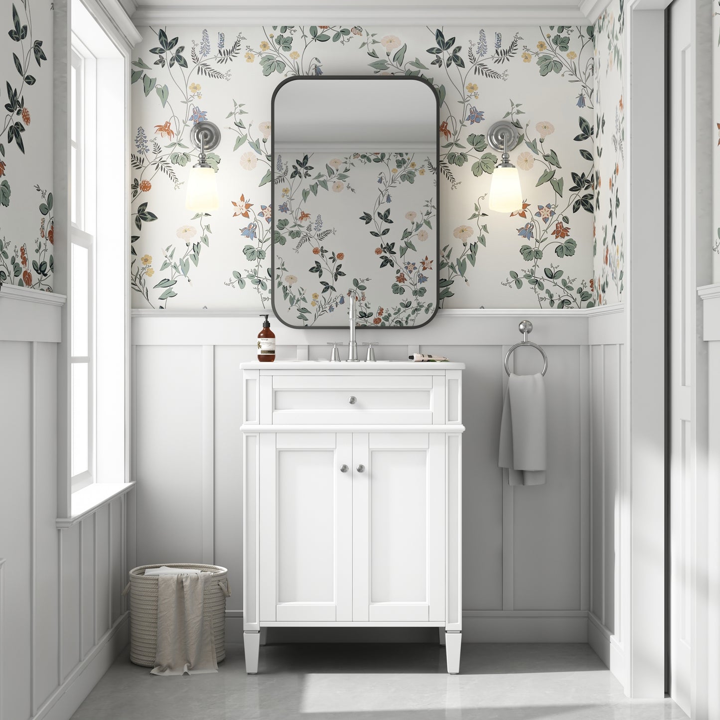 VanityFus 24-in White Bathroom Vanity Undermount Single Sink Combo with 2 Soft Close with Ceramic Tops 1 Drawer Adjustable Shelves