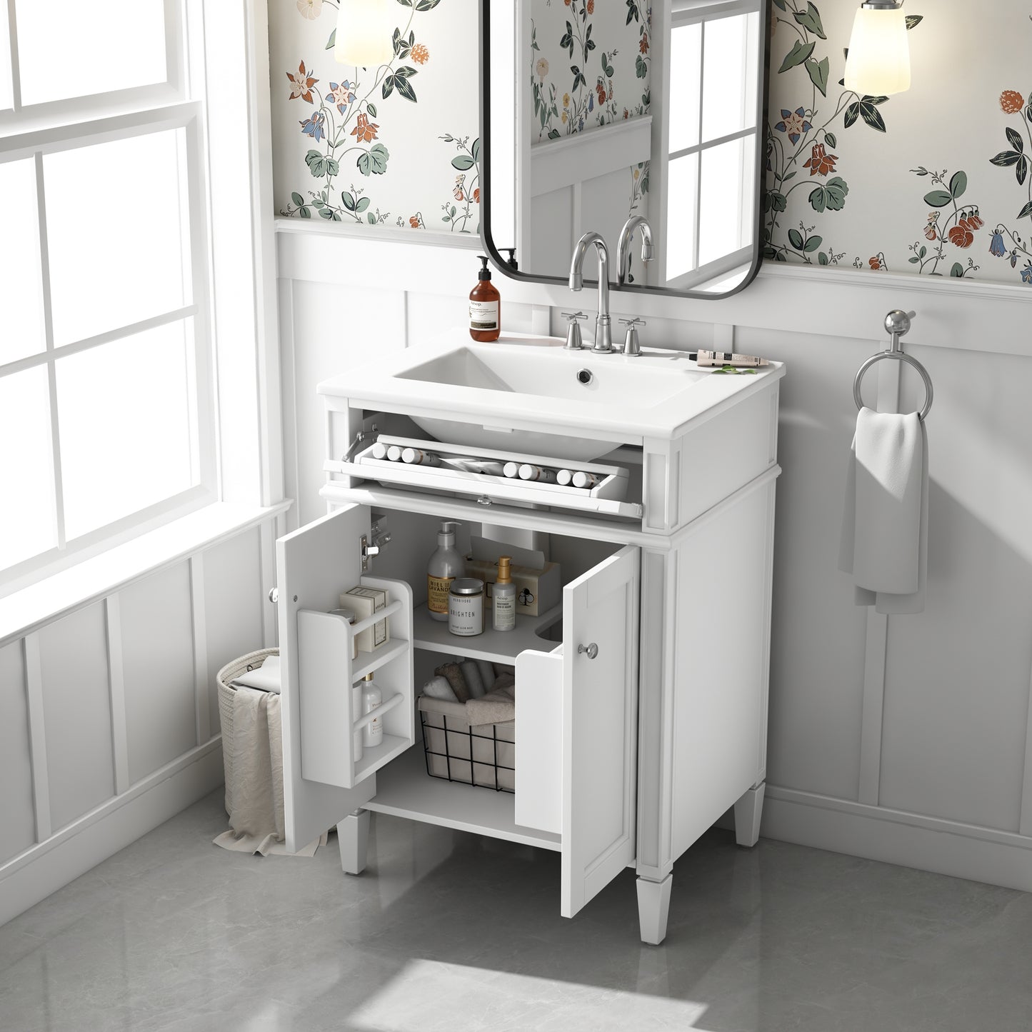 VanityFus 24-in White Bathroom Vanity Undermount Single Sink Combo with 2 Soft Close with Ceramic Tops 1 Drawer Adjustable Shelves