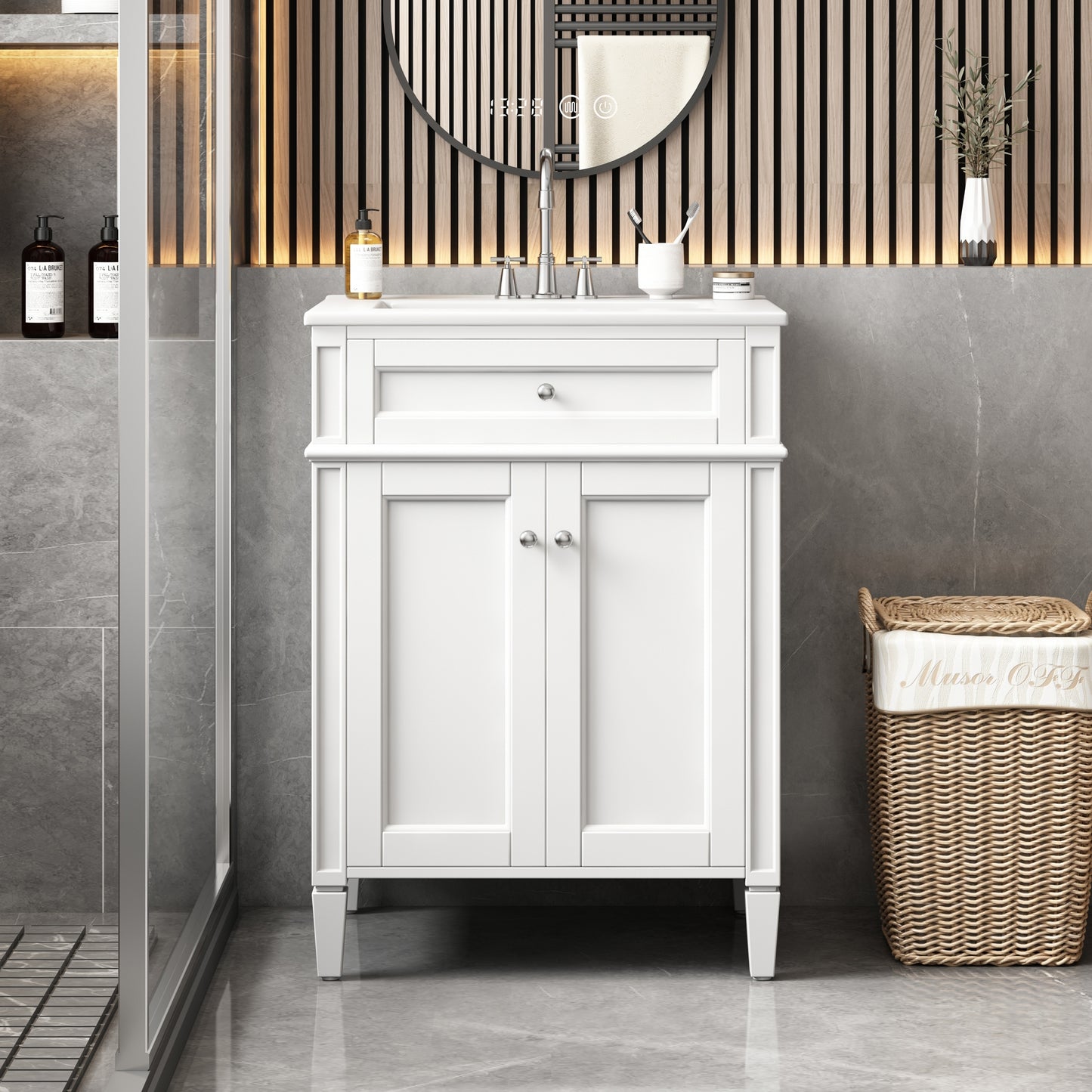 VanityFus 24-in White Bathroom Vanity Undermount Single Sink Combo with 2 Soft Close with Ceramic Tops 1 Drawer Adjustable Shelves