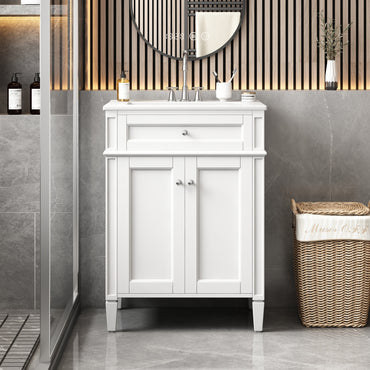 VanityFus 24-in White Bathroom Vanity Undermount Single Sink Combo with 2 Soft Close with Ceramic Tops 1 Drawer Adjustable Shelves