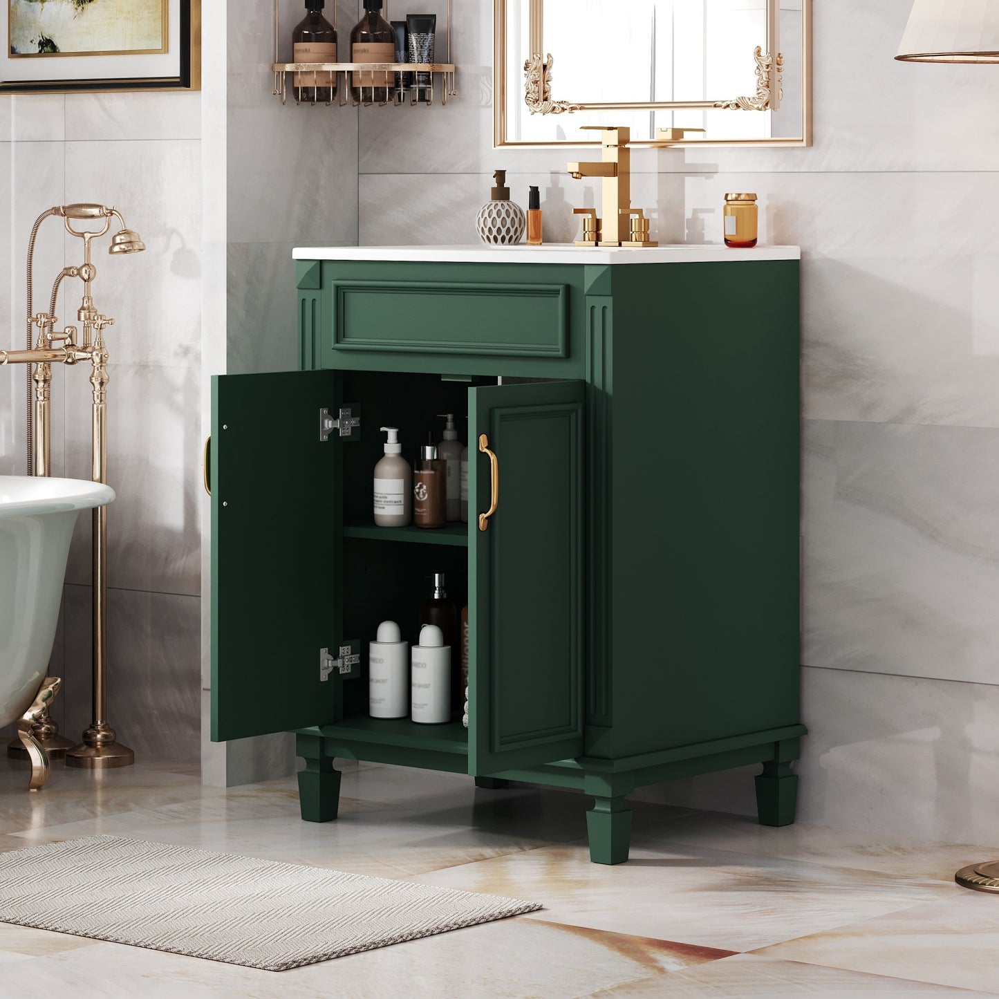 VanityFus 24-in Green Bathroom Vanity Undermount Single Sink Combo with 2 Soft Close with Ceramic Tops Adjustable Shelves