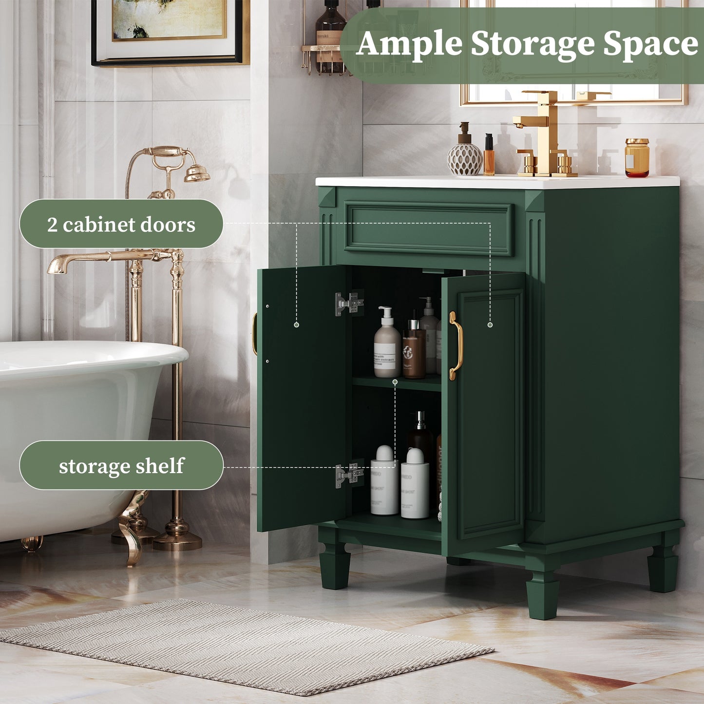 VanityFus 24-in Green Bathroom Vanity Undermount Single Sink Combo with 2 Soft Close with Ceramic Tops Adjustable Shelves