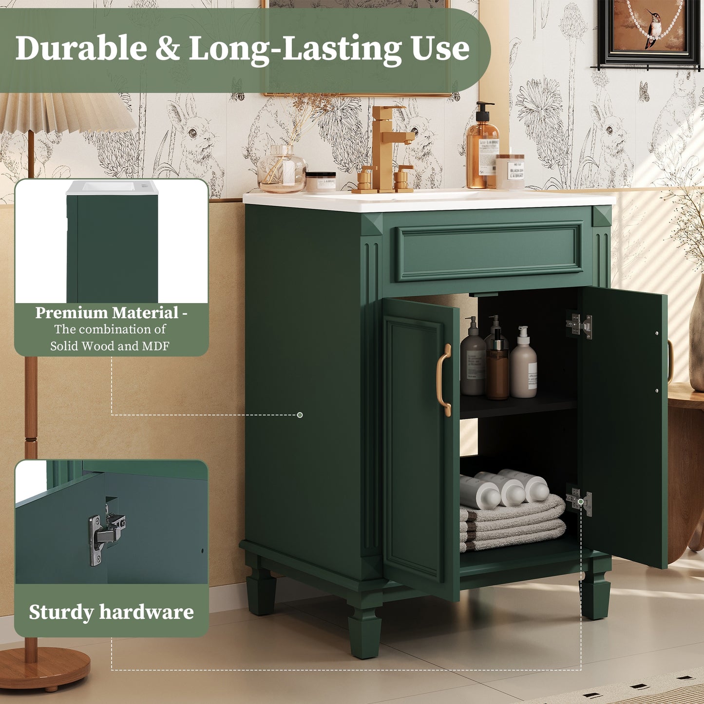 VanityFus 24-in Green Bathroom Vanity Undermount Single Sink Combo with 2 Soft Close with Ceramic Tops Adjustable Shelves