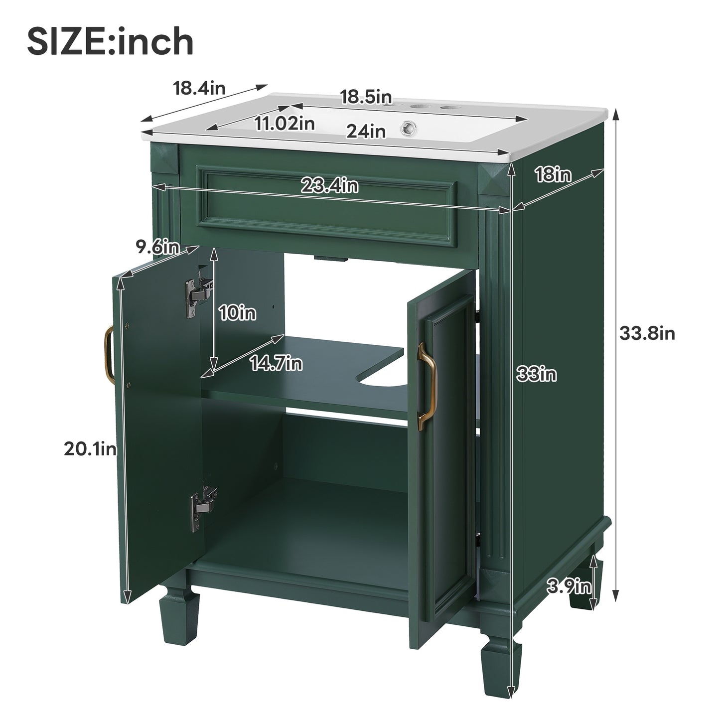 VanityFus 24-in Green Bathroom Vanity Undermount Single Sink Combo with 2 Soft Close with Ceramic Tops Adjustable Shelves