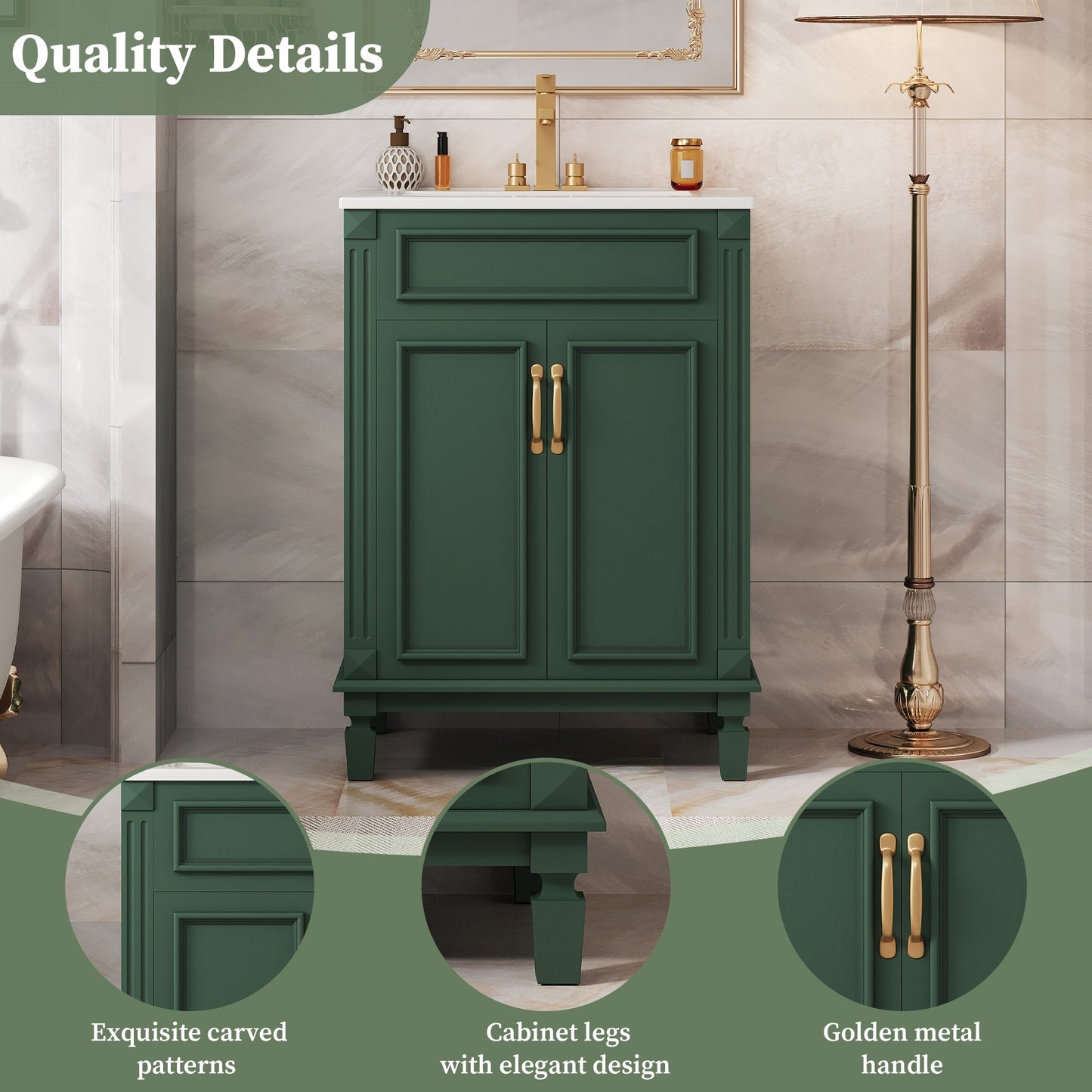 VanityFus 24-in Green Bathroom Vanity Undermount Single Sink Combo with 2 Soft Close with Ceramic Tops Adjustable Shelves