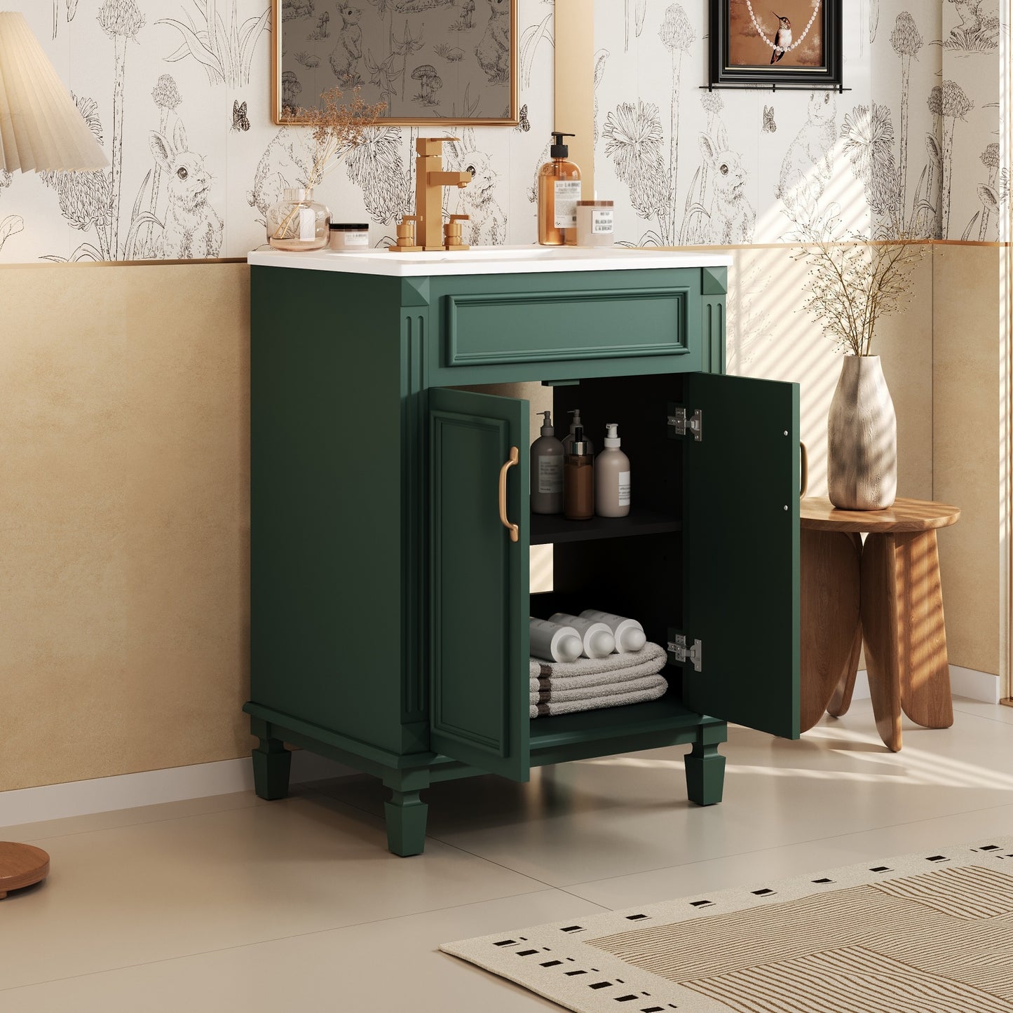 VanityFus 24-in Green Bathroom Vanity Undermount Single Sink Combo with 2 Soft Close with Ceramic Tops Adjustable Shelves