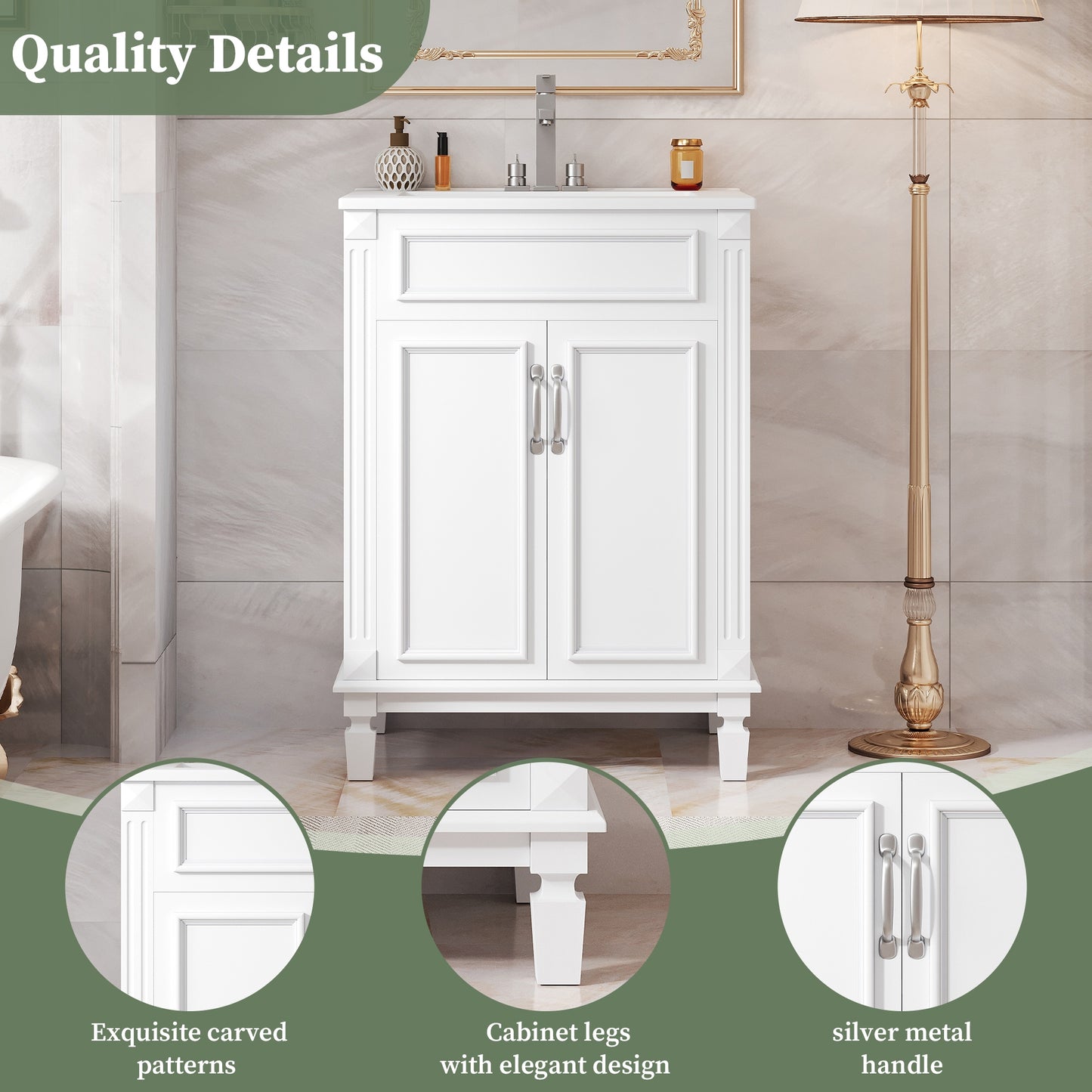 VanityFus 24-in White Bathroom Vanity Undermount Single Sink Combo with 2 Soft Close with Ceramic Tops Adjustable Shelves
