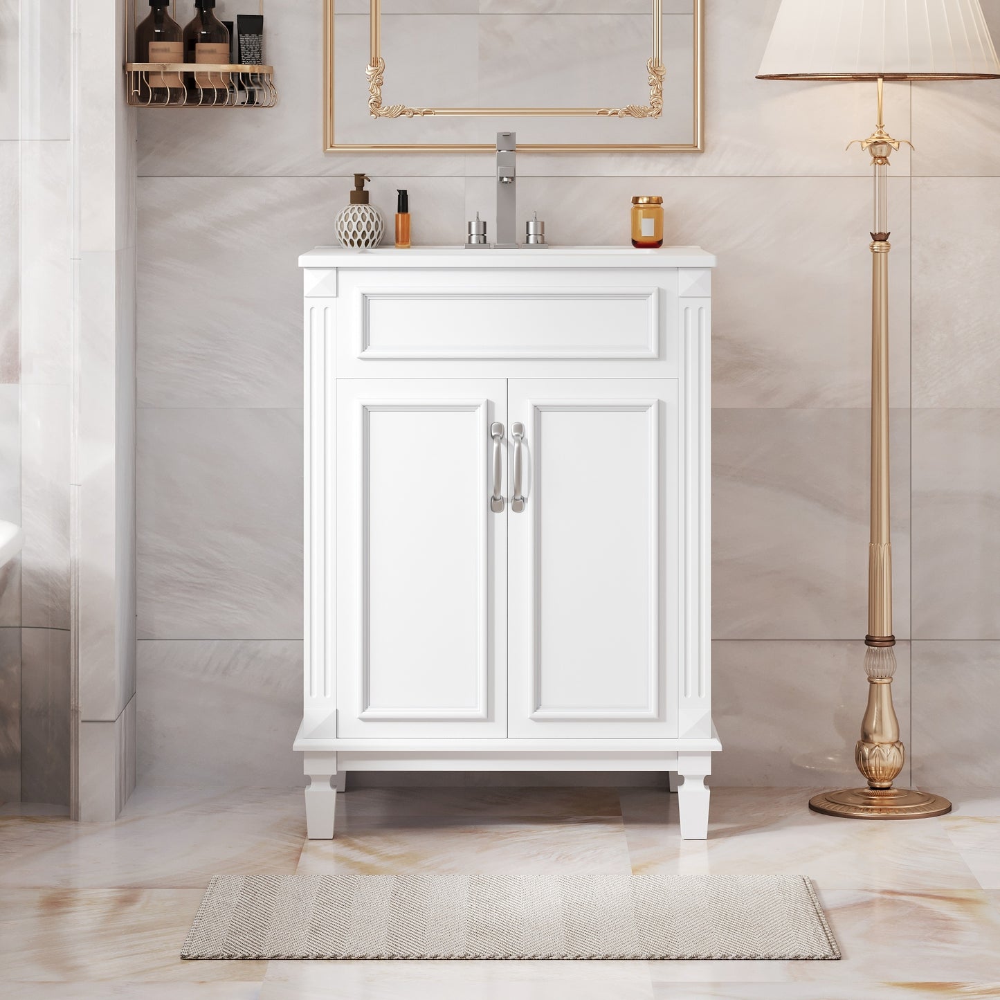 VanityFus 24-in White Bathroom Vanity Undermount Single Sink Combo with 2 Soft Close with Ceramic Tops Adjustable Shelves