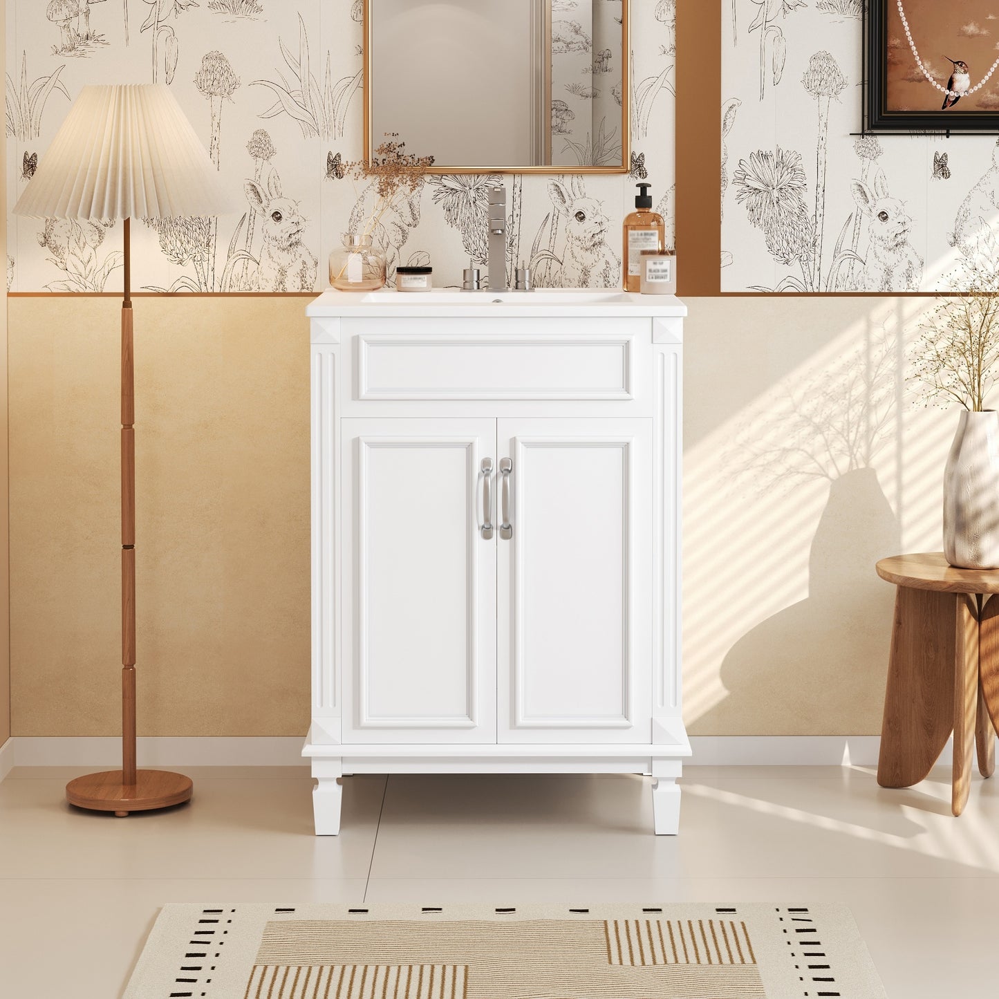 VanityFus 24-in White Bathroom Vanity Undermount Single Sink Combo with 2 Soft Close with Ceramic Tops Adjustable Shelves
