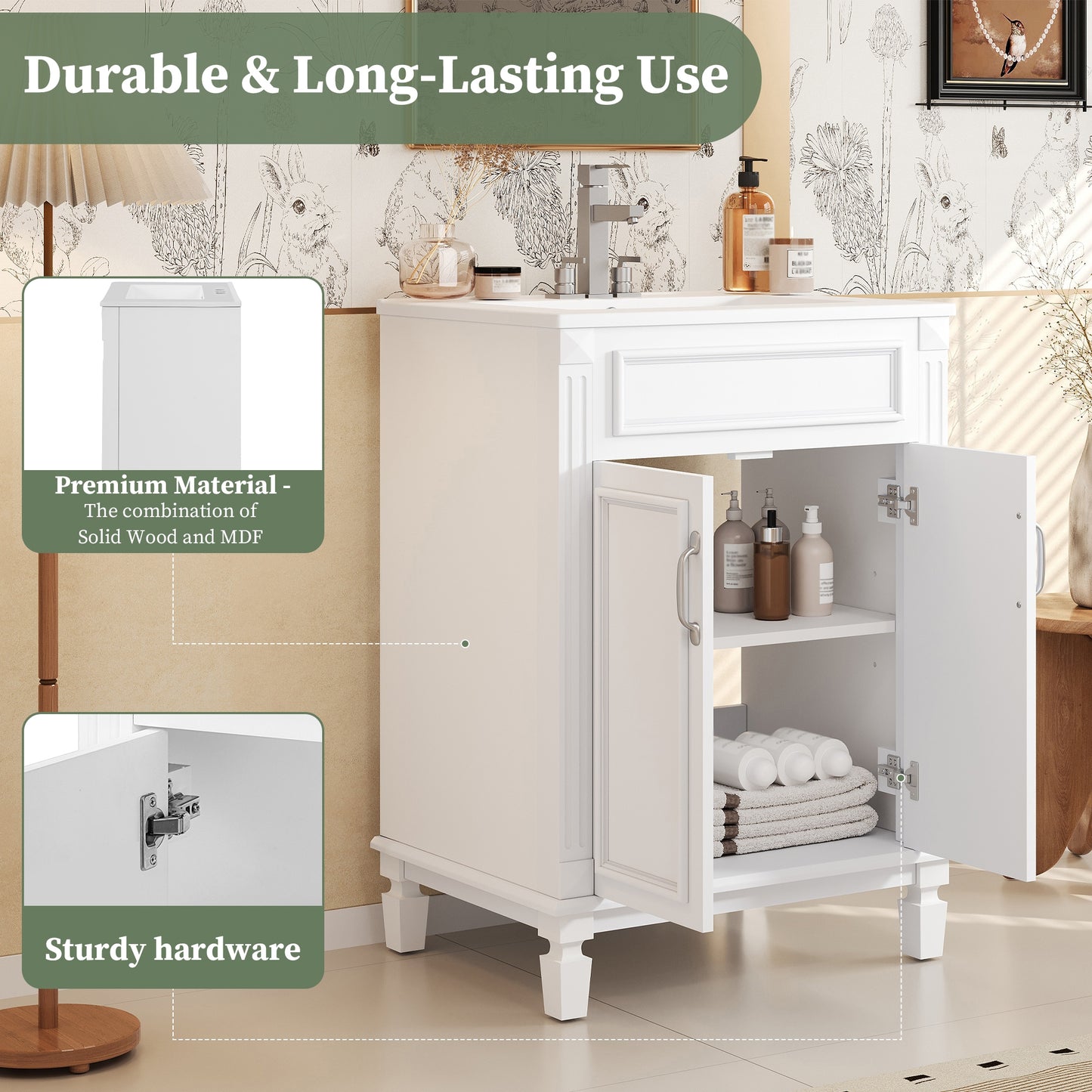 VanityFus 24-in White Bathroom Vanity Undermount Single Sink Combo with 2 Soft Close with Ceramic Tops Adjustable Shelves