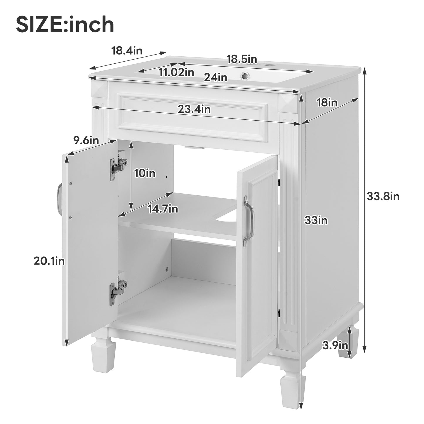 VanityFus 24-in White Bathroom Vanity Undermount Single Sink Combo with 2 Soft Close with Ceramic Tops Adjustable Shelves