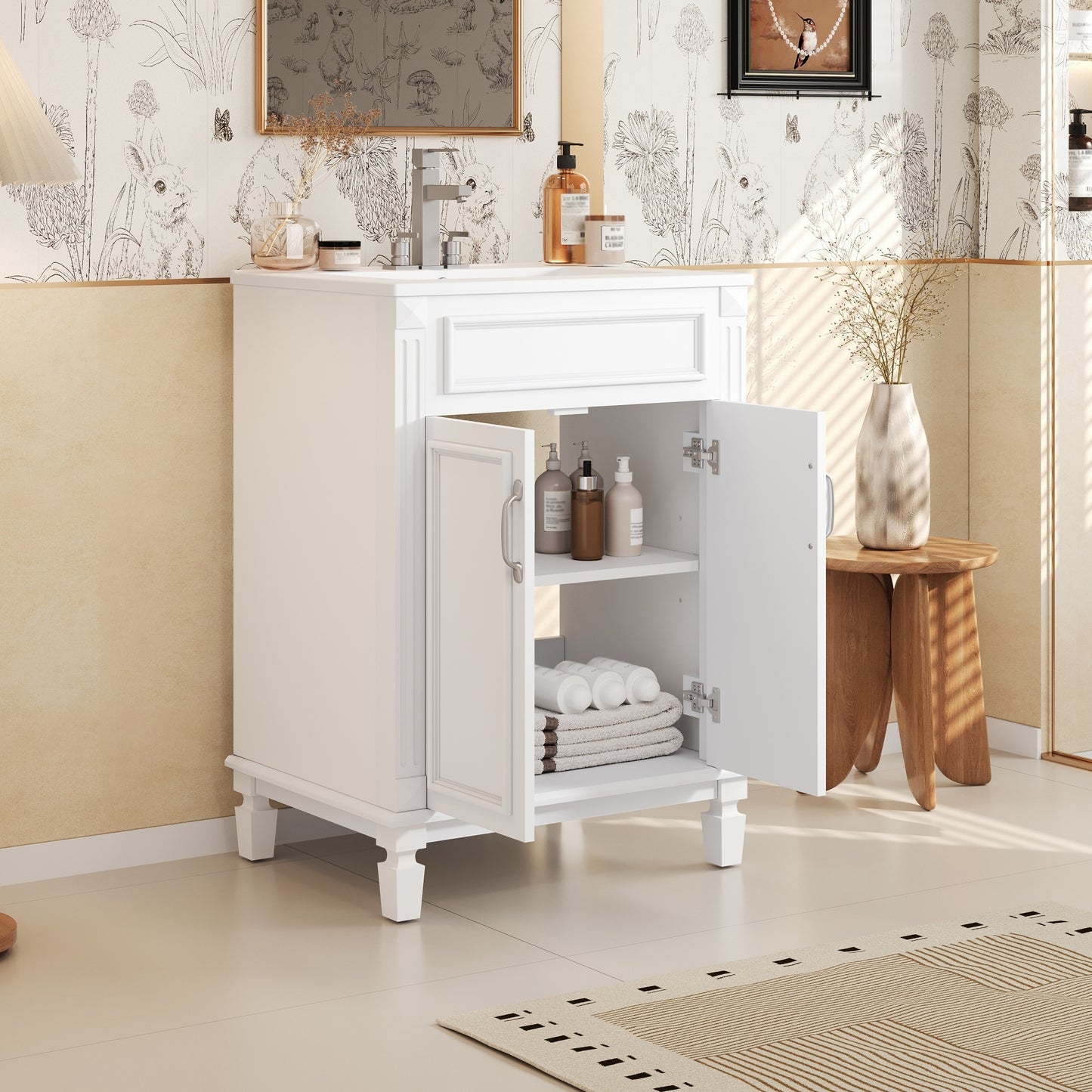 VanityFus 24-in White Bathroom Vanity Undermount Single Sink Combo with 2 Soft Close with Ceramic Tops Adjustable Shelves
