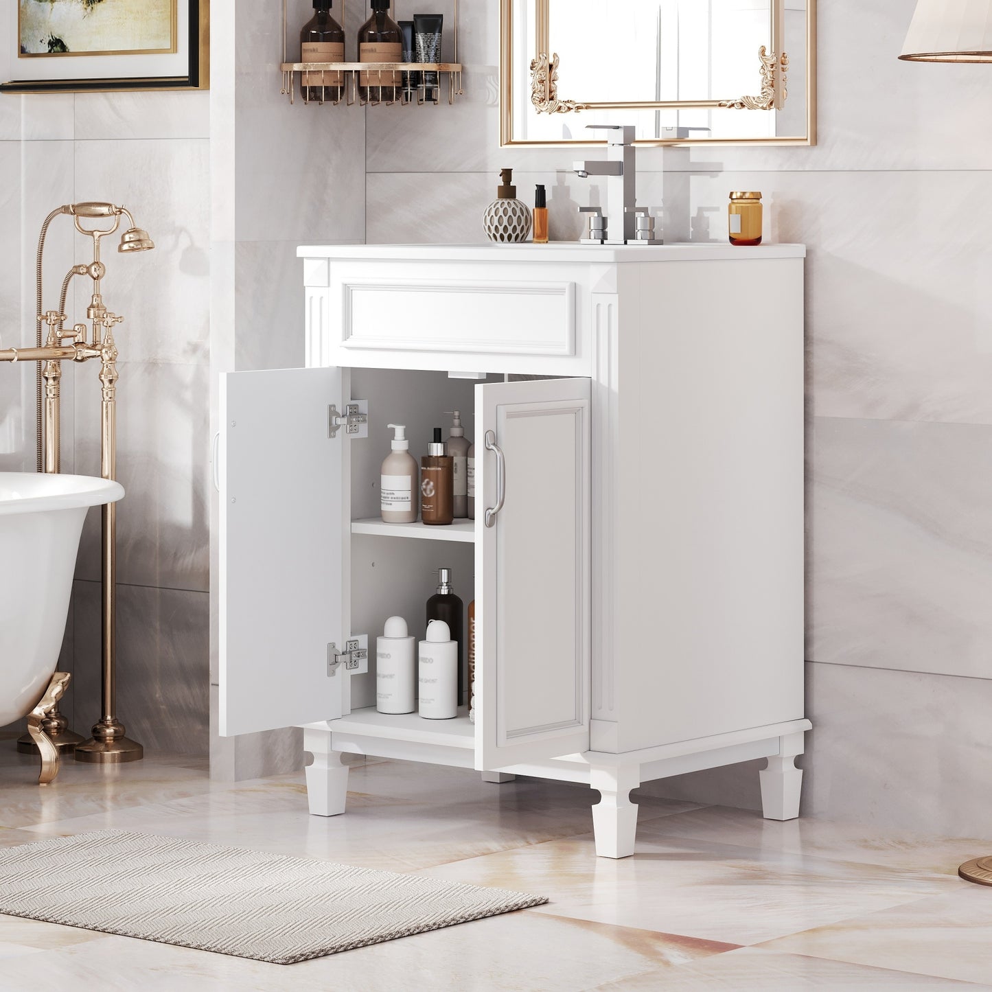 VanityFus 24-in White Bathroom Vanity Undermount Single Sink Combo with 2 Soft Close with Ceramic Tops Adjustable Shelves