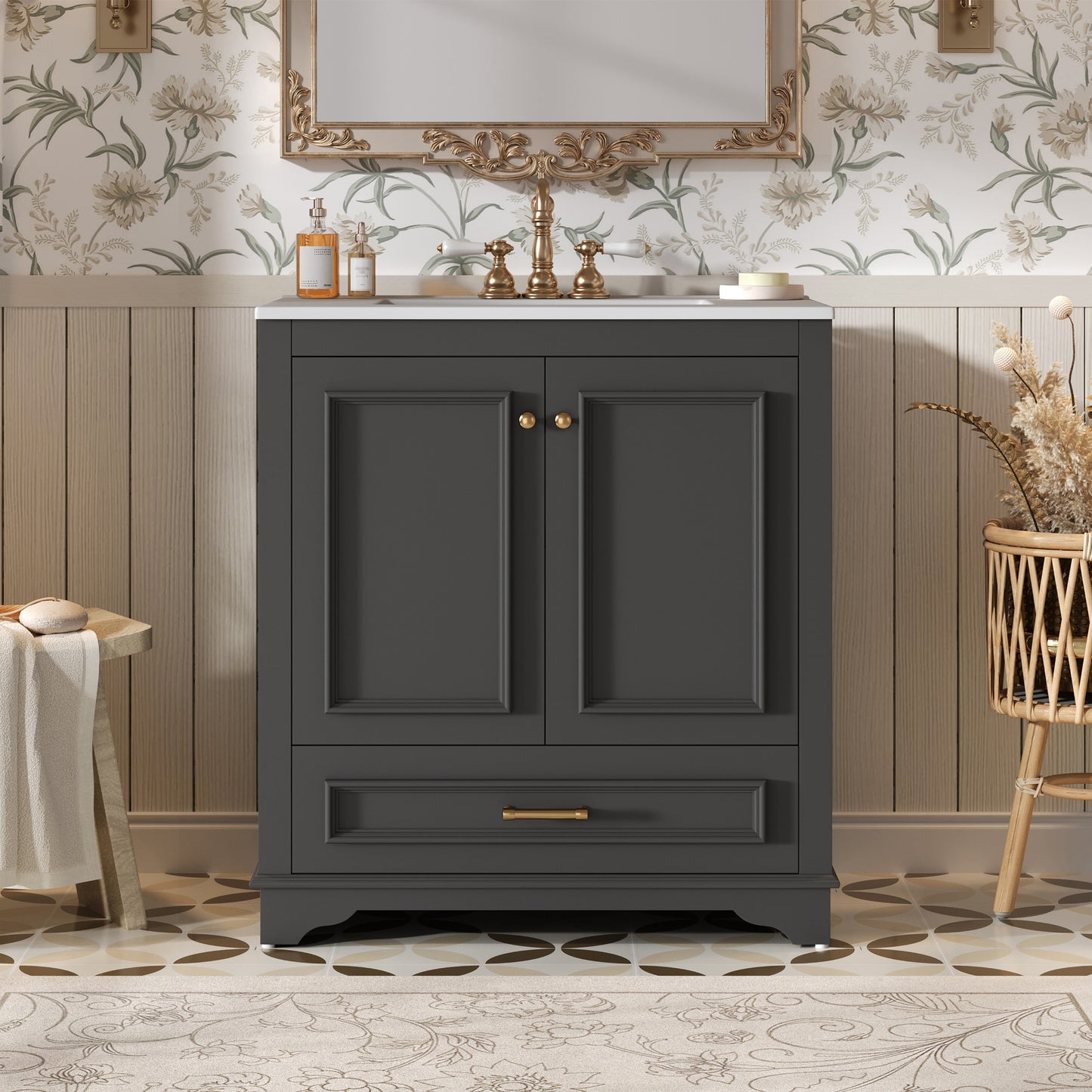 VanityFus 30.5-in Black Single Sink Bathroom Vanity with Ceramic Top Undermount 2 Soft-Closing Doors 1 Drawer Adjustable Shelves