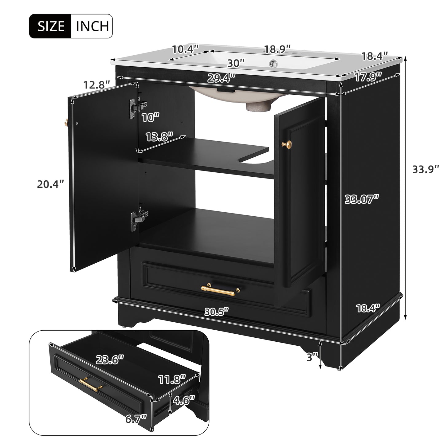 VanityFus 30.5-in Black Single Sink Bathroom Vanity with Ceramic Top Undermount 2 Soft-Closing Doors 1 Drawer Adjustable Shelves