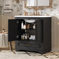 VanityFus 30.5-in Black Single Sink Bathroom Vanity with Ceramic Top Undermount 2 Soft-Closing Doors 1 Drawer Adjustable Shelves