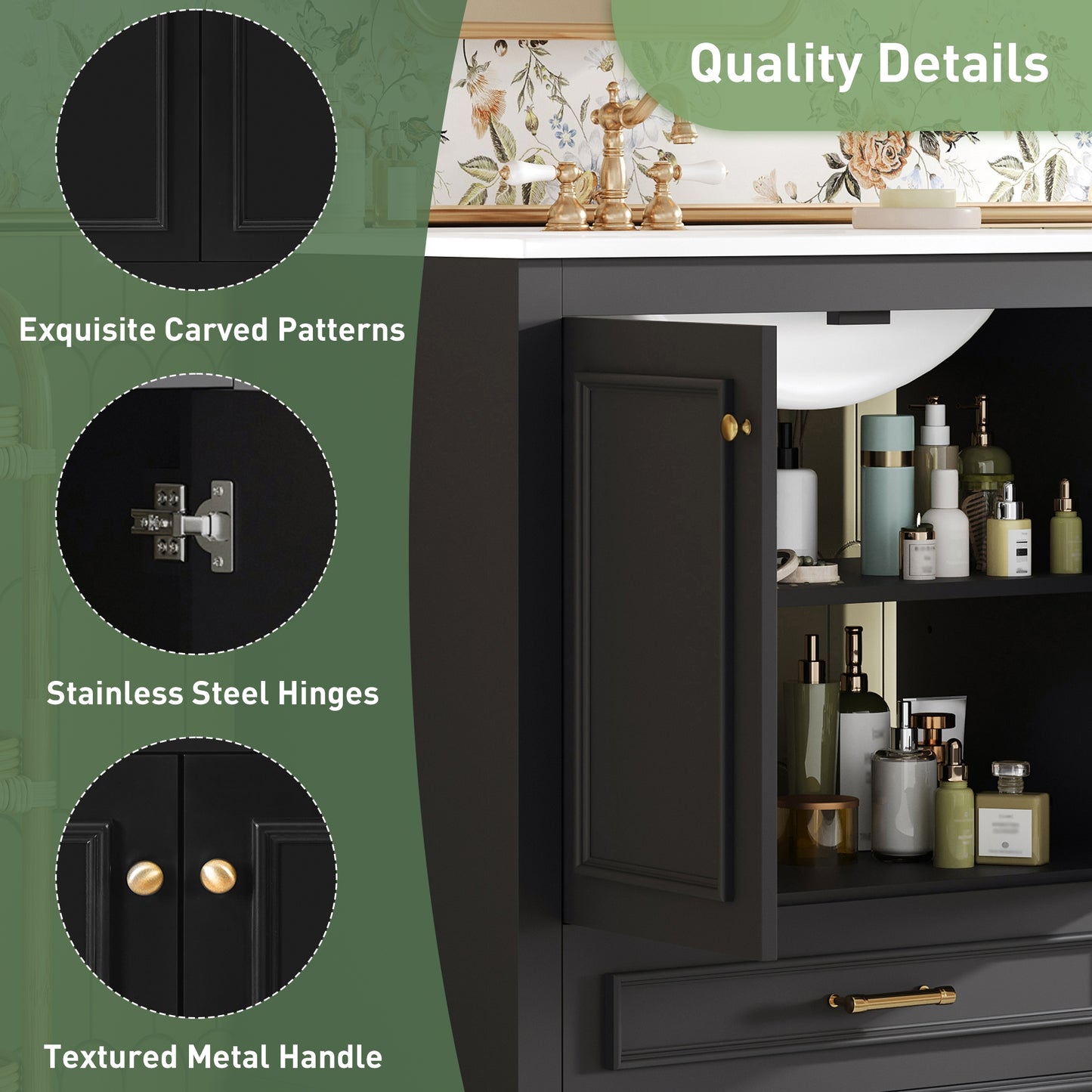 VanityFus 30.5-in Black Single Sink Bathroom Vanity with Ceramic Top Undermount 2 Soft-Closing Doors 1 Drawer Adjustable Shelves