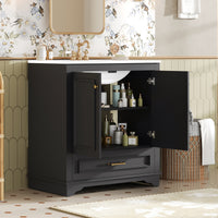 VanityFus 30.5-in Black Single Sink Bathroom Vanity with Ceramic Top Undermount 2 Soft-Closing Doors 1 Drawer Adjustable Shelves