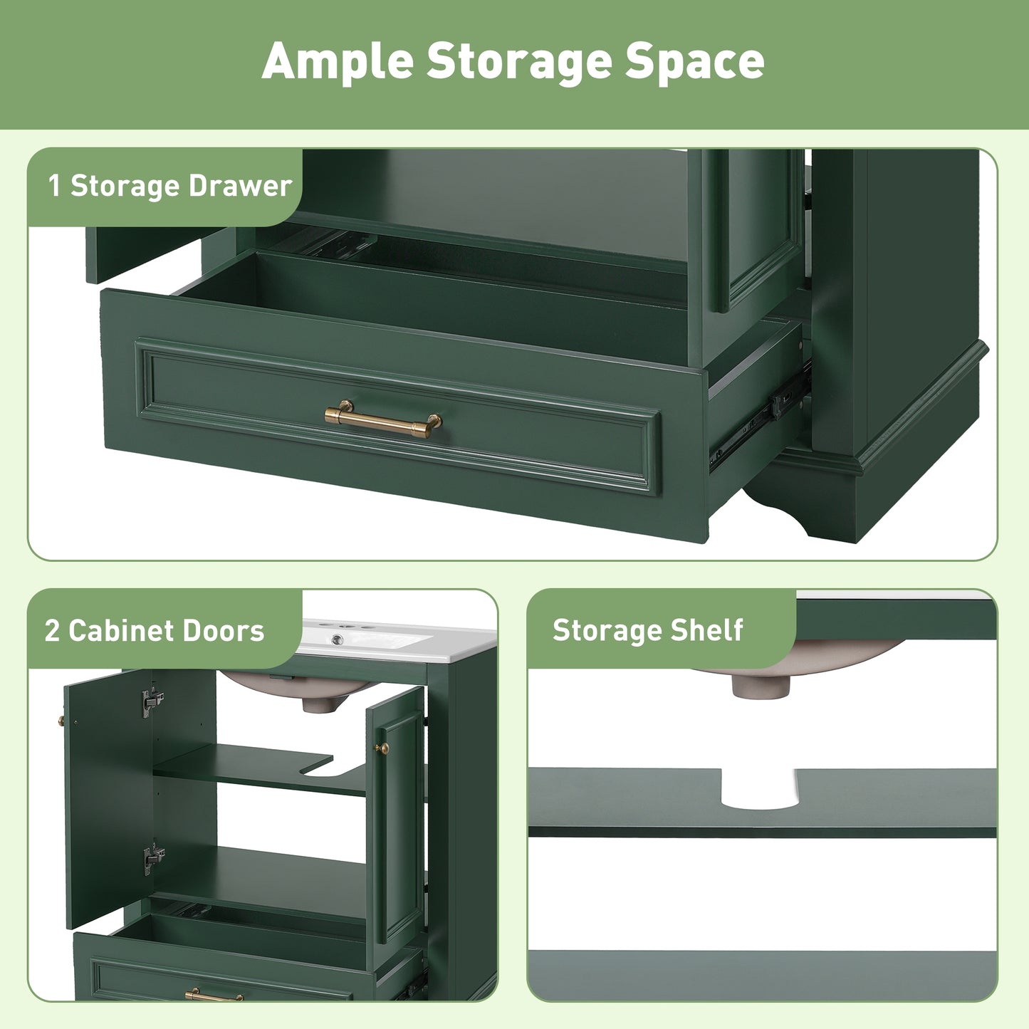 VanityFus 30.5-in Green Single Sink Bathroom Vanity with Ceramic Top Undermount 2 Soft-Closing Doors 1 Drawer Adjustable Shelves
