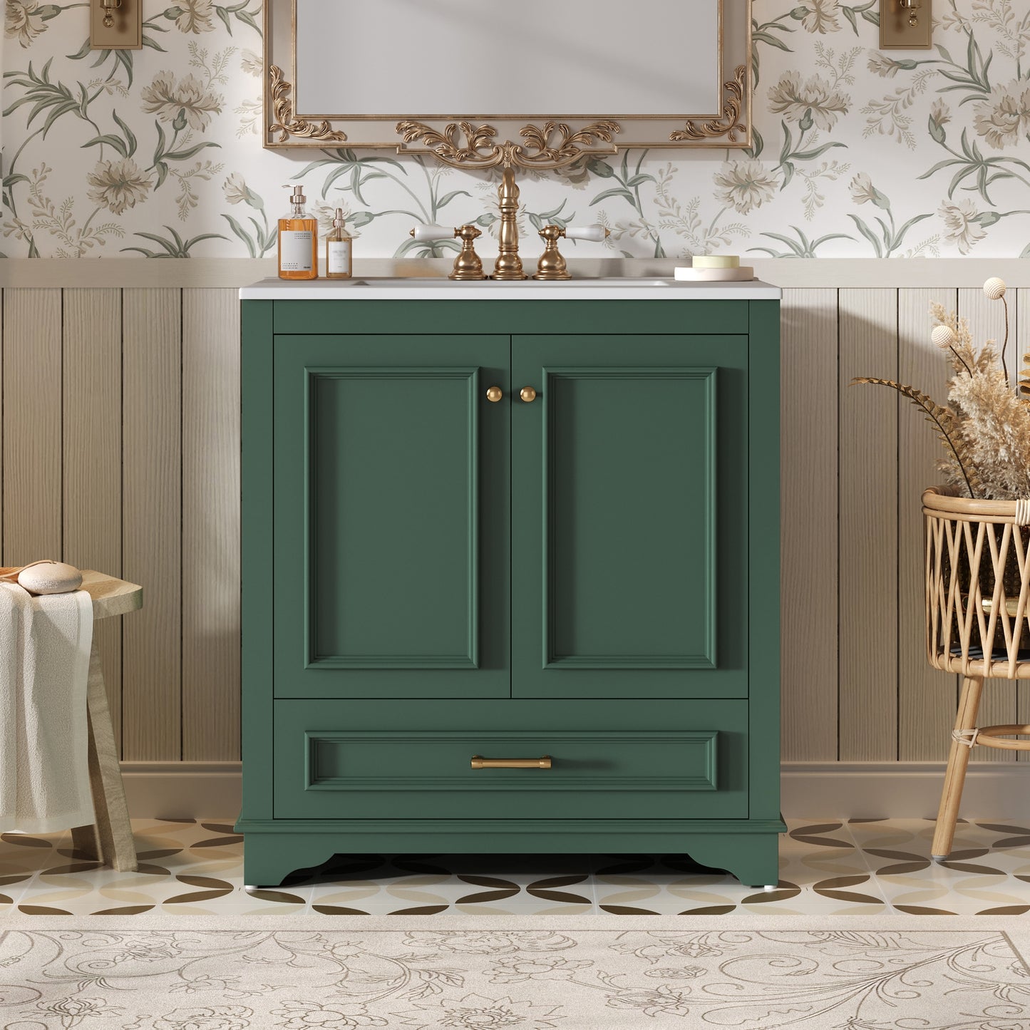 VanityFus 30.5-in Green Single Sink Bathroom Vanity with Ceramic Top Undermount 2 Soft-Closing Doors 1 Drawer Adjustable Shelves