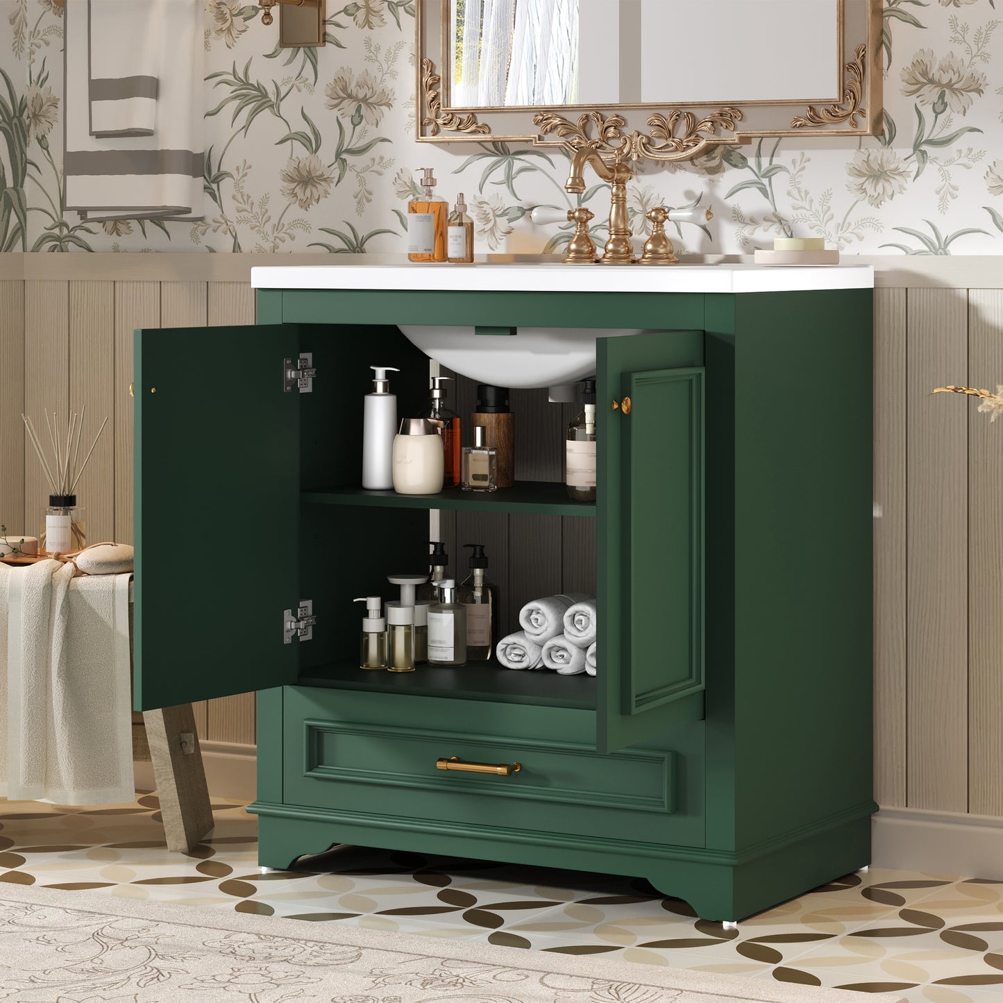 VanityFus 30.5-in Green Single Sink Bathroom Vanity with Ceramic Top Undermount 2 Soft-Closing Doors 1 Drawer Adjustable Shelves